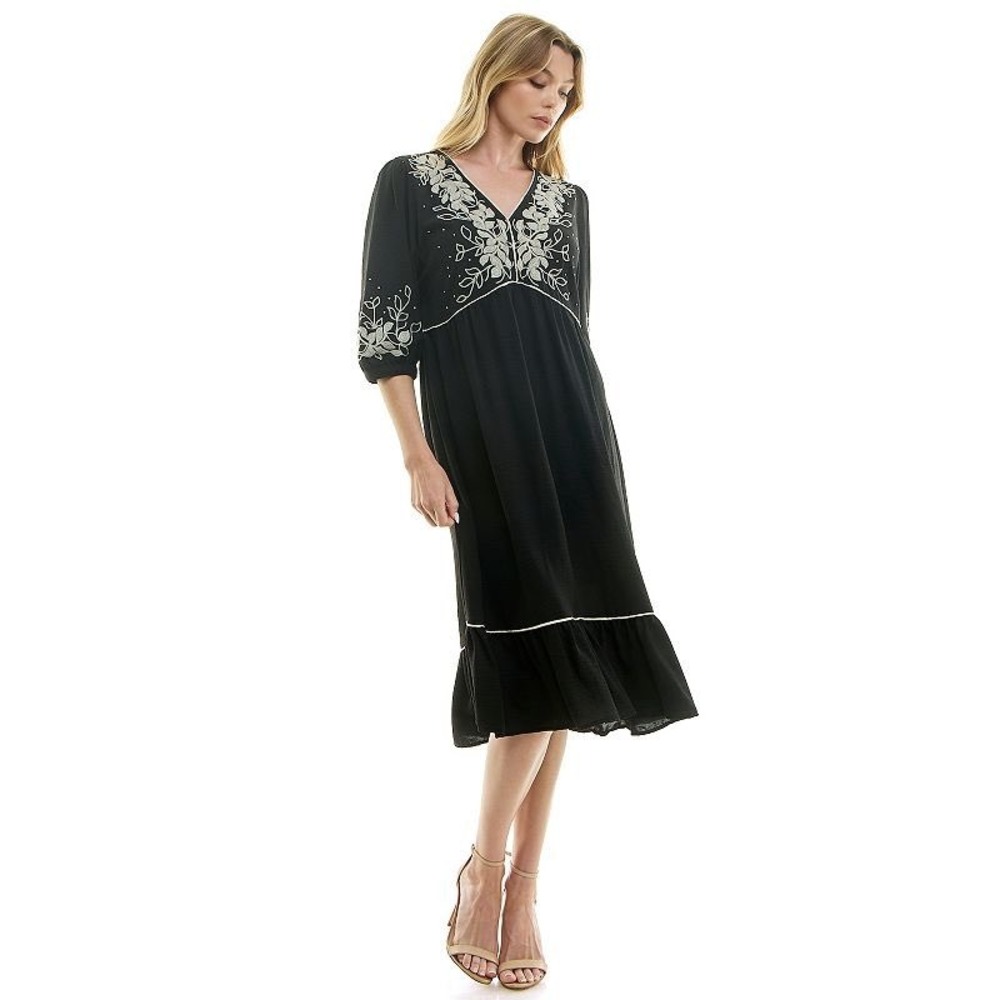 NWT Figueroa & Flower Black Embroidered Peasant Midi Dress Elbow Sleeve V-Neck L
